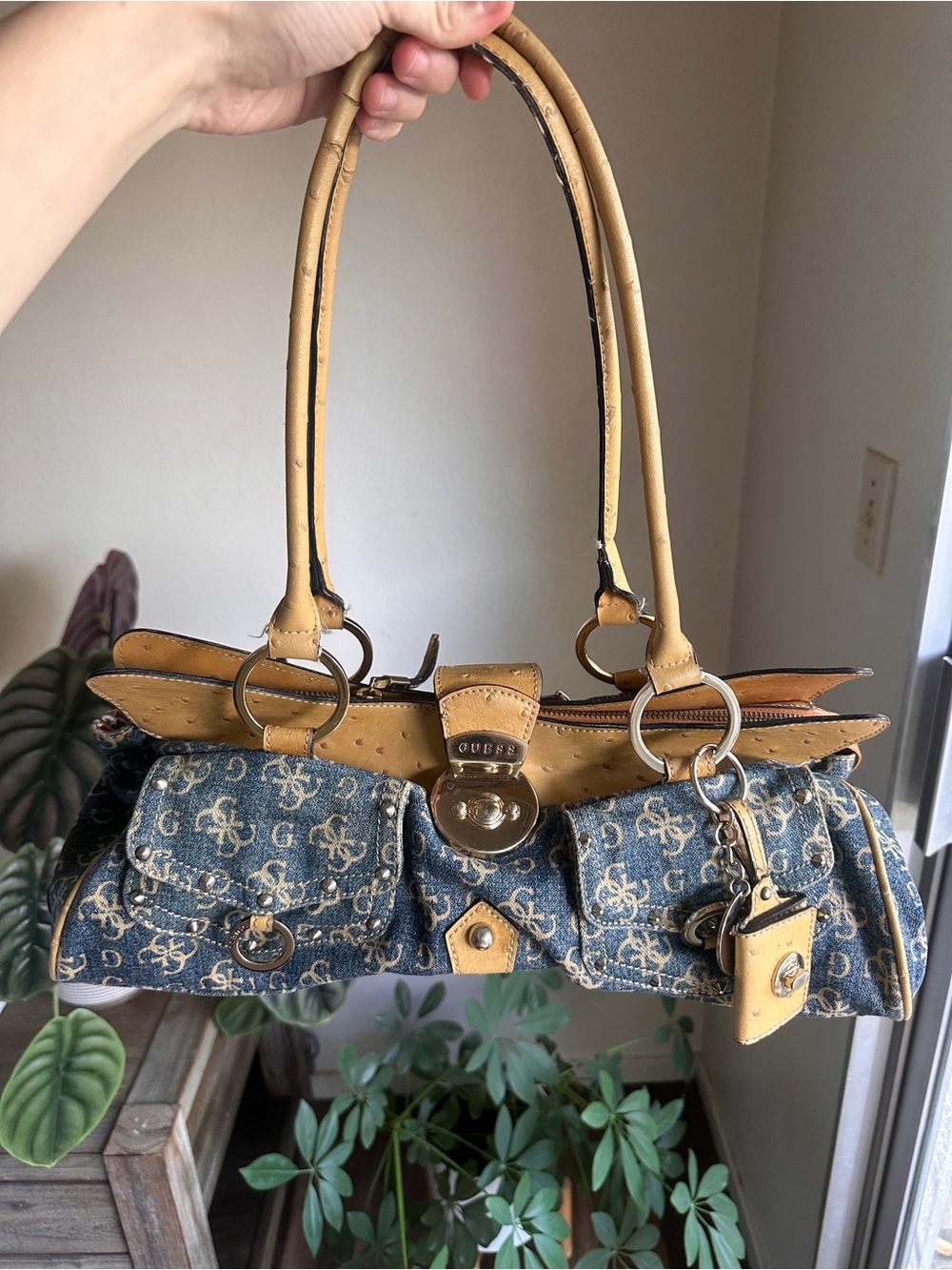 Guess Blue Denim Monogram Shoulder Bag with ostrich leather